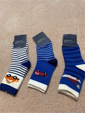 Striped Blue & White Boys' Crew Socks with Car Motif( size:5-7)